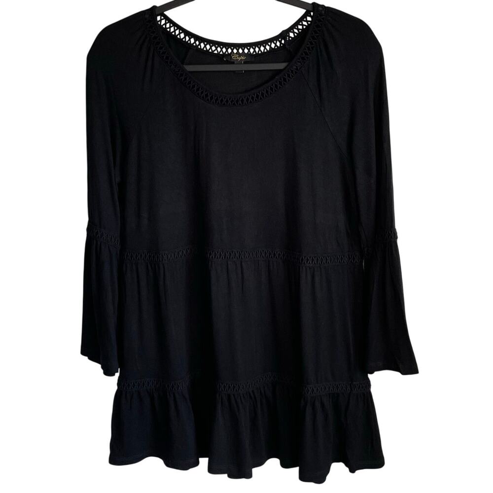 Cupio Tunic Top Tiered Sz M 3/4 Bell Sleeves Crochet Detail Stretch Black Boho